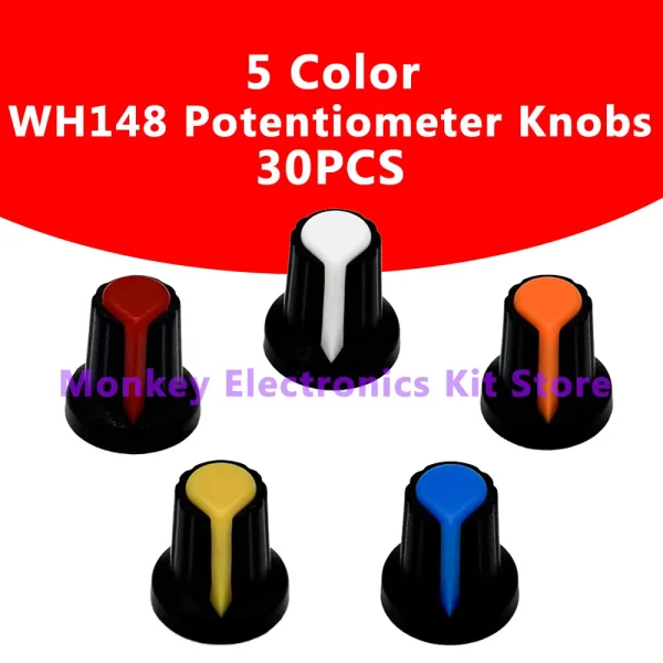 30PCS 5Color Lot WH148 Potentiometer knobs 15X17mm 6mm Potentiometer Plastic Knobs Cap 5 colors Yellow Orange Blue White Red
